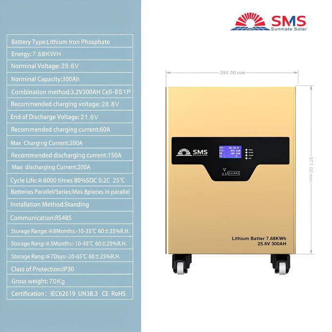 SMS Sunmate Solar 7.68kWH 25.6V Wall Mounted Lithium Battery (7.5kWH 24V)