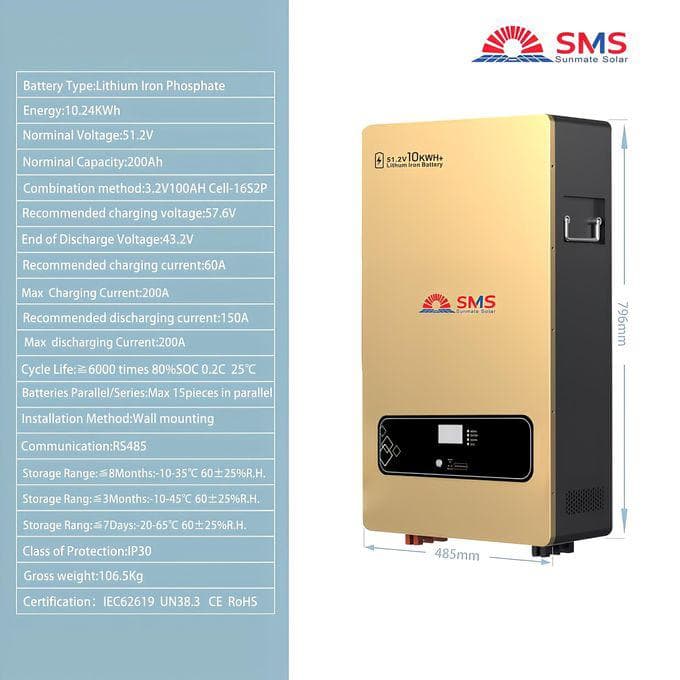 SMS Sunmate Solar 10kWH 51.2V Wall Mounted Lithium Battery (10kWH 48V)